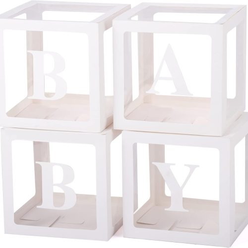 Baby Boxes with Letters for Baby Shower, Gender Reveal Decorations with 4 Transparent Balloon Boxes for Gender Reveal Baby Shower Decorations(White)