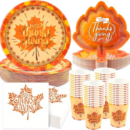 EPHYO 200PCS Thanksgiving Paper Plates and Napkins Cups Fall Leaves 10in Happy Thanksgiving Disposable Autumn Harvest Decorations Party Supplies Dessert Dinnerware