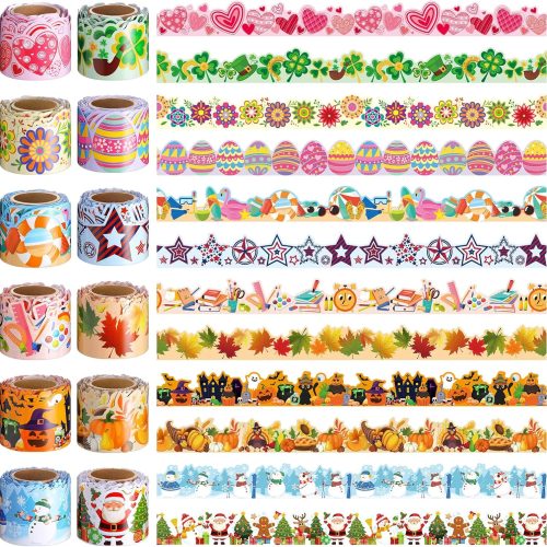 Geyee 12 Rolls 394 ft Holiday Bulletin Board Border Seasonal Bulletin Board Decorations Fall Pumpkin Thanksgiving Christmas Winter Trim for School Classroom Wall Decor