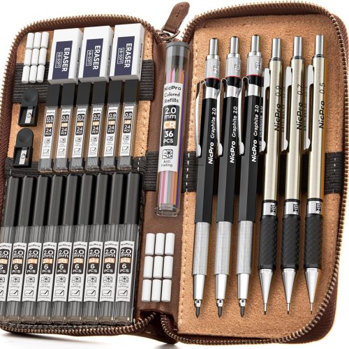 Nicpro 30PCS Art Mechanical Pencil Set in Leather Case, Metal Drafting Pencil 0.5 mm, 0.7 mm, 0.9 mm & 3 PCS 2mm Lead Holders for Sketching Drawing With 16 Tube (6B 4B 2B HB 2H 4H Colors) Lead Refills