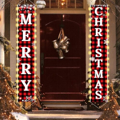 Christmas Decorations Outdoor Yard, Outside Front Porch Sign Set with Lights, Red Black Buffalo Plaid Xmas Door Decorations, Hanging Merry Christmas Banner for Home Decor Wall Front Door Yard Garage