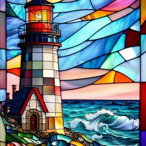 5D Stained Glass Lighthouse Diamond Painting,Adult Diamond Art kit, DIY Diamond Painting kit,Full Diamond Round Diamond dot Diamond Art kit,Craft Home Wall Art decorating-12x16in