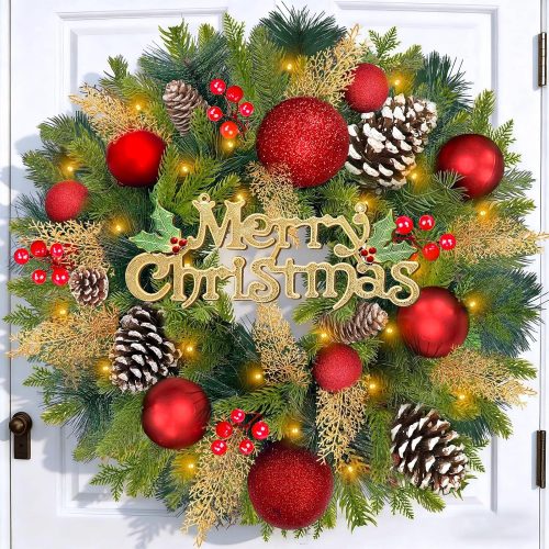 Thick & Timer 16 Inch 40 LED Christmas Wreaths for Front Door Prelit Christmas Wreath with Lights Realistic-Feel Branches Balls Cypress Leafed Berried Pinecones Xmas Wreath Decor for Home Wall Window