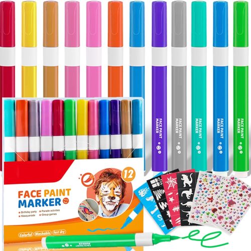 12 Colors Face Paint Markers, Halloween Face Paint Pens, Washable Face Paint Sticks, Temporary Tattoo Markers for Skin, Halloween Face Painting Kit for Kids with 40 Stencils & 200 Gems