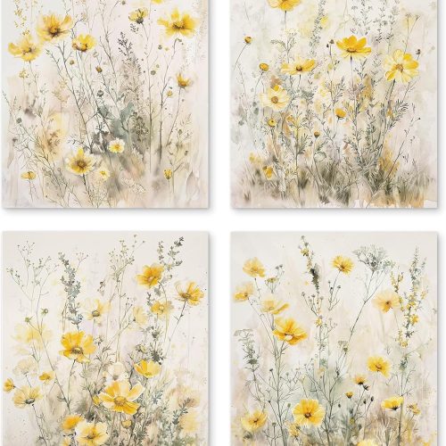 PUHEI Summer Floral Wall Art Prints Set of 4, Summer Yellow Daisy Flower Wall Posters Decor for Farmhouse Home Living Room Porch Patio, Floral Poster Prints (8x10 Inches UNFRAMED)