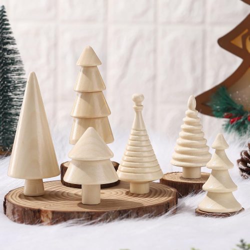 Namalu 6 Pcs Vintage Wooden Christmas Tree Figurine Farmhouse Handmade Christmas Tabletop Decorations Rustic Xmas Tree Table Centerpiece Unfinished Ornaments for Crafts (Boho)