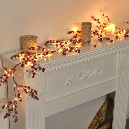 Vanthylit 6FT Red Berry Garland Lights, Battery Operated Christmas Garland with Timer, Lighted Berries Garland Decorations for Holiday Fireplace Mantel Mantle Table Window Staircase