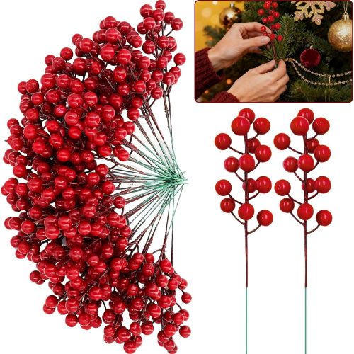 50 Pack Red Berry Stems Waterproof Christmas Picks Sprays Holly Berry Branches Christmas Tree Decorations Artificial Flower for Vase DIY Crafts Xmas Ornament Wedding Winter Holiday Home Decor