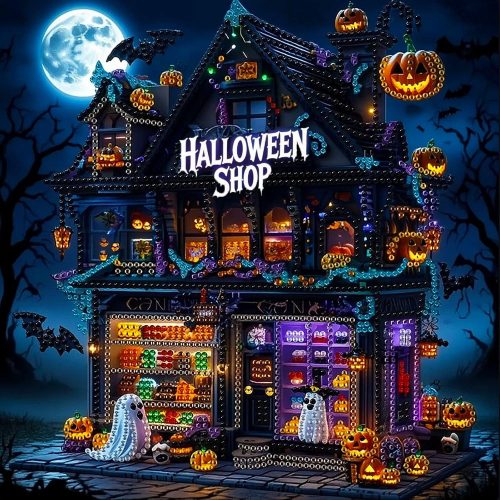 Halloween Shop Diamond Art Kits for Adults-Halloween House Diamond Painting Kits for Beginner,5D Diamond Painting Ghost&Pumpkin,DIY Full Round Gem Art Paint by Diamond Bat,Home Wall Decor13.7X13.7inch