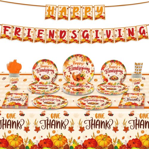Thanksgiving Party Tableware Set - Serves 25 Fall Party Supplies, Disposable Plates, Tablecloth, Cups, Forks, Spoons, Knife, Napkins, Straws Dinnerware Utensils, Garland Banner for Give Thanks Party