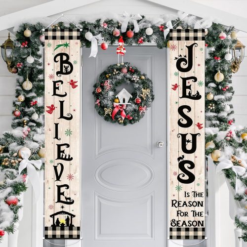 Tiamon Christmas Jesus Door Banner Porch Sign Jesus Is the Reason for the Season Religious Hanging Decorations Xmas Nativity Scene Black White Buffalo Plaid Banner Flag for Holiday Home Outdoor Wall
