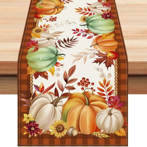 Bonhause Orange Pumpkins Fall Table Runner 13x72 Inch Maple Leaf Flowers Autumn Thanksgiving Harvest Kitchen Dinning Table Decoration for Indoor Outdoor Home Party Decor
