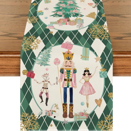 Artoid Mode Green Diamond Plaid Nutcracker Snowflake Christmas Table Runner, Seasonal Winter Kitchen Dining Table Decoration for Home Party Decor 13x72 Inch
