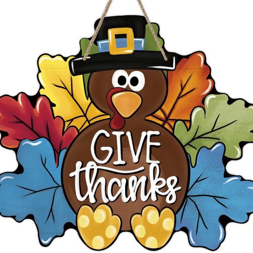 Deroro Give Thanks Sign Turkey Front Door Decor Thanksgiving Day Wood Door Hanger, Fall Wooden Thankful Wreath Hanging Decoration for Outdoor Outside Porch