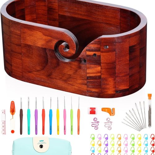NANXITU Wooden Yarn Bowl,Large Yarn Bowls for Crocheting,Crochet Storage with 66 Pack Crochet Kit (Include 9 Sizes Crochet Hook Set), Crochet Yarn Holder Set for Knitting Beginners
