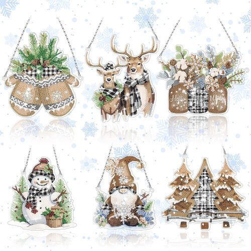 Chitidr 6 Pcs Christmas Diamond Painting Hanging Sign Set Gnome Diamond Art Kits DIY Crystal Paint Arts and Crafts Set 5D DIY Christmas Ornaments Kits for Winter Wall Door Window Decor (Vintage)