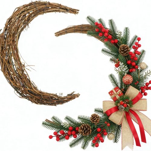 Natural Grapevine Wreath, Moon Shape Rattan Ring - Vine Branch Garland for DIY Crafts Flower Arrangement Wedding Holiday Decor Party Supplies