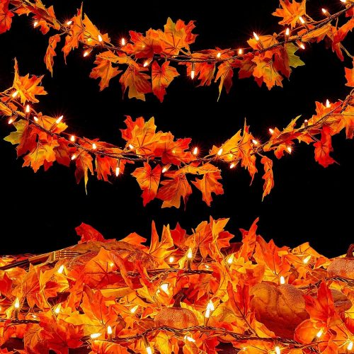 Thanksgiving Decorations Thanksgiving Garland with Lights 9FT Plug in Fall Garland Lighted 50 Orange Bulbs UL Listed Connectable Fall Lights for Indoor Outdoor Harvest Home Party Thanksgivings Decor