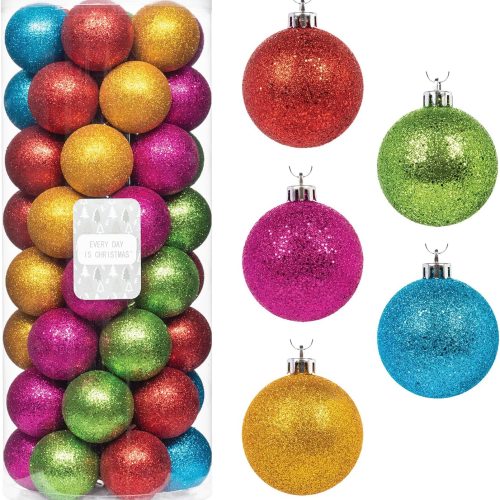 Every Day is Christmas Ornaments, Shatterproof Christmas Tree Ornament Set, Christmas Balls Decoration 50 Count (2.24"/57mm, Glitter Rainbow)