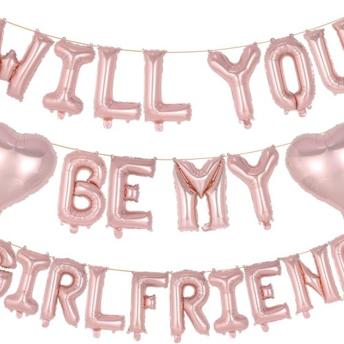1 16 Inch Rose Gold 'WILL YOU BE MY GIRLFRIEND' Balloons, Foil Proposal Confession Balloons, Valentines Day Balloon, Love Balloon Banner for Wedding Engagement Galentines Day Bridal Shower Decor