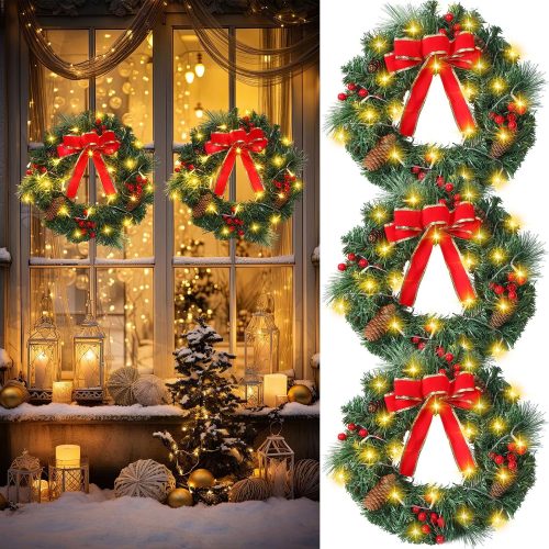 3 Pack 16 Inch Christmas Wreath Decorations with Lights Battery Operated 50 LED Artificial Christmas Wreath for Front Door with Red Bow Pine Cones Berry for Outdoor Indoor Window Wall Decor