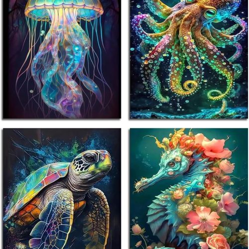 Muzagroo Art 5D Diamond Painting Kits for Adults, DIY Diamond Art Kits for Beginners, Turtle Diamond Dot Kits Gem Arts and Crafts for Living Room, Gem Painting Bedroom 4 PCS Wall Art