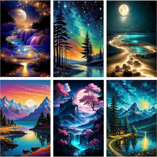 Fuinkqe 6 Pack Paint by Number Kit for Adults Beginner, Polar Lights Moon Landscape DIY Acrylic Painting Paint by Numbers Kits on Canvas for Gift Home Wall Decor 10x14inch