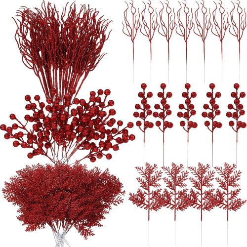 75 Pcs Christmas Glitter Branches 3 Styles Artificial Christmas Picks Berries Stems Pine Needles Floral Twig Spray for Xmas Tree Ornaments DIY Wreath Garland(Red)