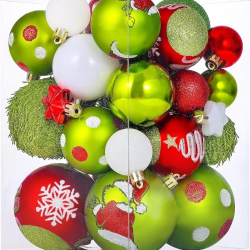 34 Pcs Christmas Ball Ornaments, Lime Green, Red and White Christmas Tree Decorations Set, Shatterproof Hanging Xmas Ornaments for Office Holiday Home with 7 Styles in 3 Sizes(Small Medium Large)