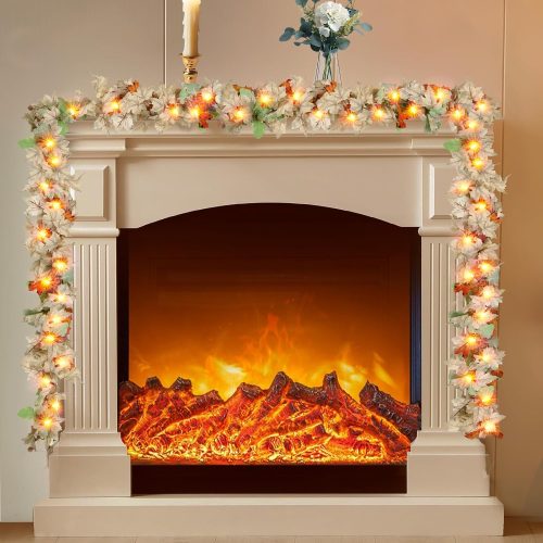 9Ft Thanksging Garland with Lights Plug in Fall Decorations for Home 50 White Bulbs Connectable Lighted Thanksgiving Garland for Indoor Outdoor Harvest Mantle Fireplace Fall Decortions(1 Pack)