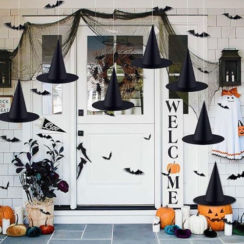 XIMISHOP 12pack Black Halloween Witch Hats with 3D Bats Wall Decor Halloween Costume Witch Accessories Caps Fancy for HalloweenParty Decoration