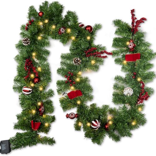 FUNPENY 9 FT Artificial Christmas Garland, Pre-Lit 50 LED Battery Operated Lighted Xmas Garland with 8 Modes for Indoor Holiday Door Home Decorations (Red)