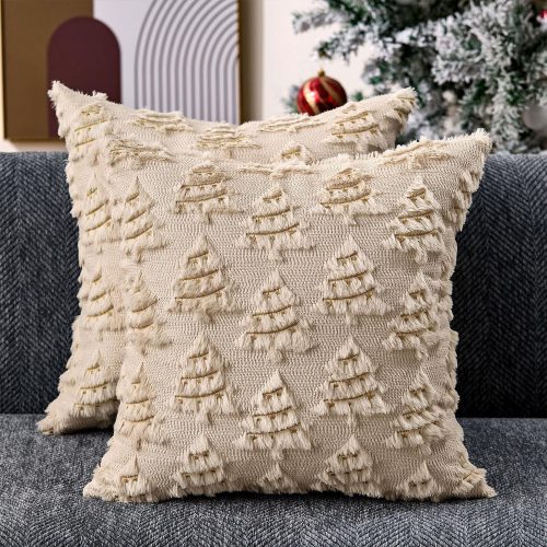 Christmas Pillow Covers 18x18 inch Set of 2 Soft Plush Faux Fur Christmas Decor Beige Xmax Tree Yellow Colored Lights Decoration Throw Pillow Case for Winter Holiday Sofa Living Room PT003C18