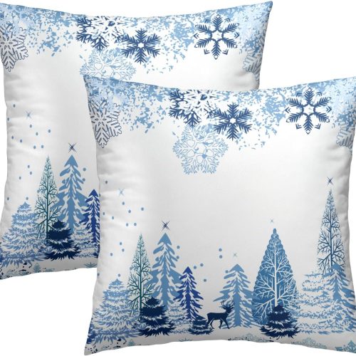 Giwawa Set of 2 Christmas Snowflake Pillow Covers Blue Deer Holiday Decorative Cotton Throw Pillow Cover Winter Cushion Case for Home Sofa Square 18 inches