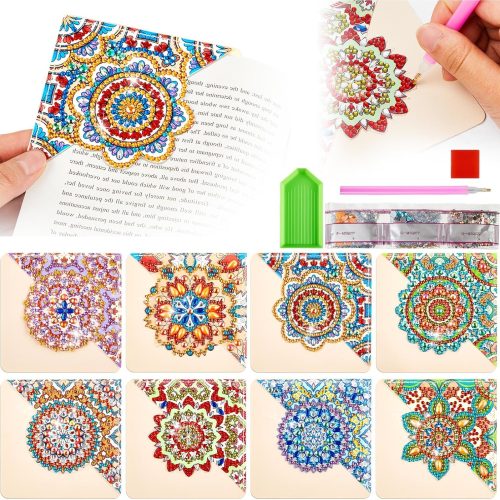 Qilery 8 Pcs Mandala Diamond Art Painting Bookmarks Kits DIY Diamond Paint Corner Book Makers Set Diamond Painting Accessories Book Marker for Office School Home Book Lovers Adults Kids Gift