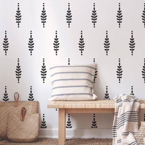 1 A Room with Floral Vinyl Leaves Wall Decals, Peel and Stick Modern Boho Flower Stickers for Bedroom Livingroom Home Wall Art Decor-Black