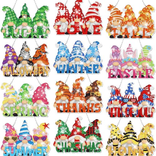 GlikCeil 12 Pcs Seasonal Holiday Gnome Diamond Art Wreath Kits 4th of July Summer Gnomes Diamond Painting Hanging Signs 5d DIY Seasonal Ornaments for Wall Door Decoration(Cute)