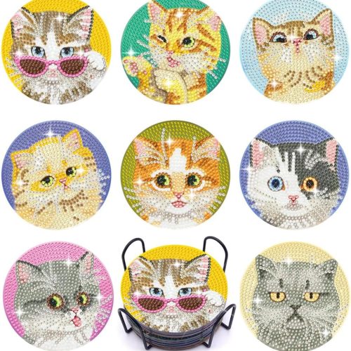 Cats Diamond Art Coasters with Holder - DIY Craft Kits for Adults - Small Painting Coasters Art Supplies (Cute Cats)