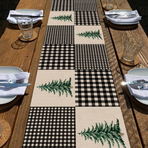 Seliem Black White Buffalo Plaid Check Table Runner, Pine Tree Winter Home Kitchen Decor, Christmas Seasonal Farmhouse Holiday Rustic Burlap Dining Decoration Housewarming Gift Party Supply 13X72