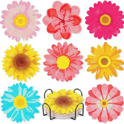 Leatrice 8PCS Flower Diamond Art Coasters Small Diamond Painting Kits for Adults Beginners Women Gem Art Coasters with Holder Funny DIY Crafts for Home Decor