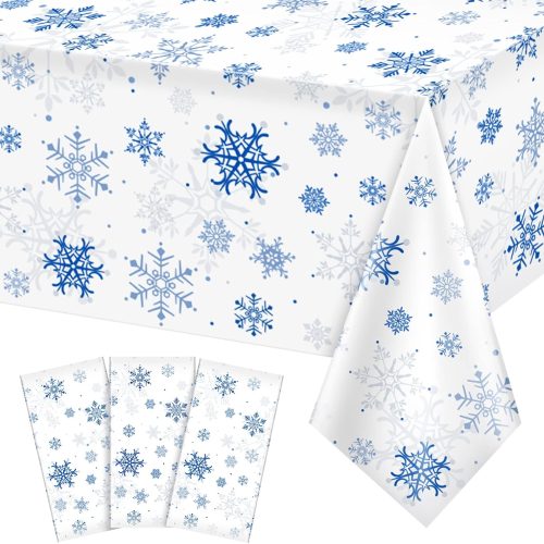 1 3 Pieces Snowflake Christmas Party Tablecloth Decorations,Plastic White Snowflake White Blue Xmas Backdrop Sign Table Cover Banner for Winter Christmas Holiday Party Supplies,54x108 inch(White/Blue)