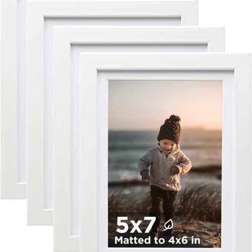 KINLINK 5x7 Picture Frame White Set of 4, Wooden Photo Frames Matted 4x6 with Plexiglass for 4x6 with Mat or 5x7 without Mat for Table and Wall Display