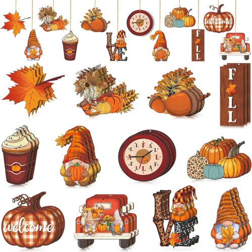 36 Pcs Thanksgiving Ornaments for Tree Fall Thanksgiving Tree Decorations Gnomes Wooden Hanging Ornaments Pumpkins Leaves Flowers Autumn Decorations for Holiday Party Supply(Vintage Style)