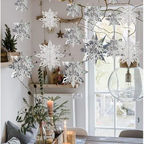 Crafare Christmas 3D Hanging Snowflakes Ornaments 3 Size 18PCS White Silver Snowflakes Hanging Garland for Winter Wonderland Holiday New Year Party Home Decoration
