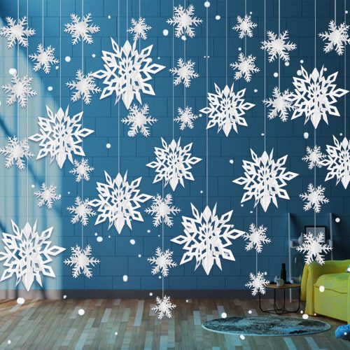 24PCS Snowflake Christmas Decorations, 3D Large White Paper Snowflakes Garland Hanging Snow Flakes for Winter Wonderland Christmas Party Decorations Holiday New Year Home Decor, Antiquewhite