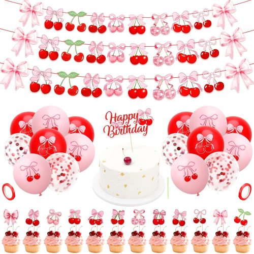 32Pcs Cherry Birthday Decorations, Summer Fruit Cherries Party Supplies with Pink Bow Cake Topper Latex Balloons Birthday Banner for Baby Shower Wedding Bridal Shower