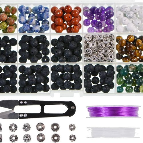 LPBeads Natural Stone Beads Box Set Kits 8mm Round Loose Gemstone Natural Amethyst Lave Stone Assorted Color with Accessories Tools for Bracelet Jewelry Making