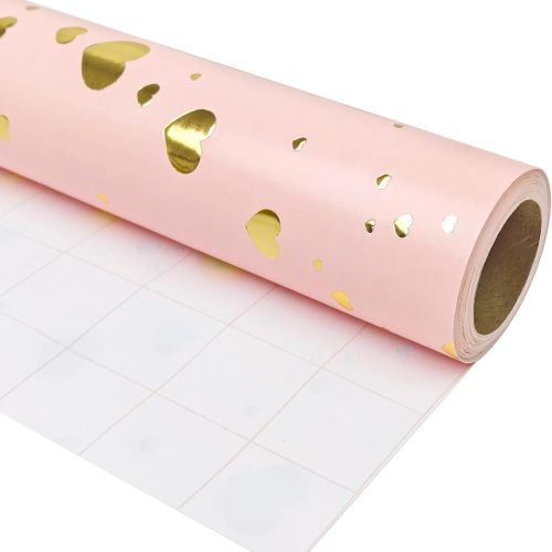 LDGOOAEL Mini Short Wrapping Paper Roll - Reversible Design (17 inches X 32.8 feet) - Gold Foil Hearts on Pink for Valentine's Day