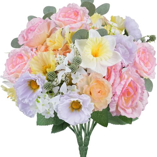 1 Cemetery Flowers for Grave Vase, 2 Bundles Colorful Faux Rose Bouquet with Daffodils Flower Silk Spring Summer Grave Flowers for Wedding Centerpieces Home Arrangements Cemetery