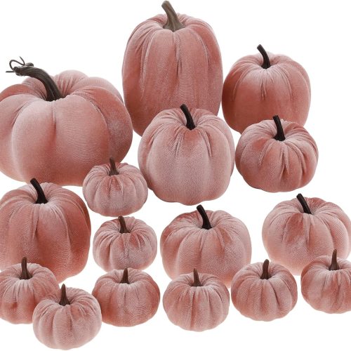 1 16Pcs Pink Fake Foam Pumpkins Decorating Velvet Fabric Pumpkin Bulk Fall Table Bowl Centerpiece Farmhouse Harvest Decorative Halloween